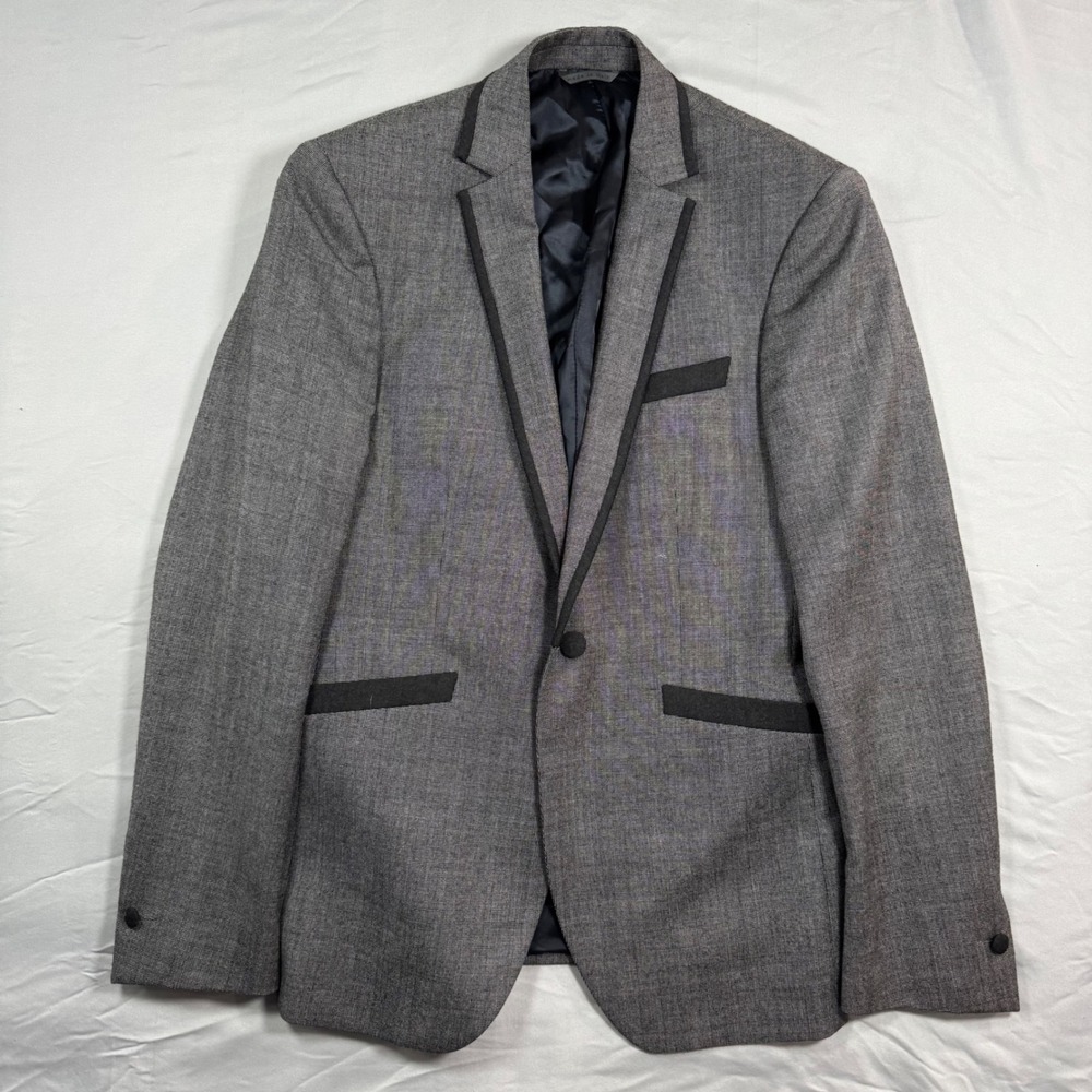 John Varvatos 100% Virgin Wool Grey Blazer Black Trim Single Button Mens 48R